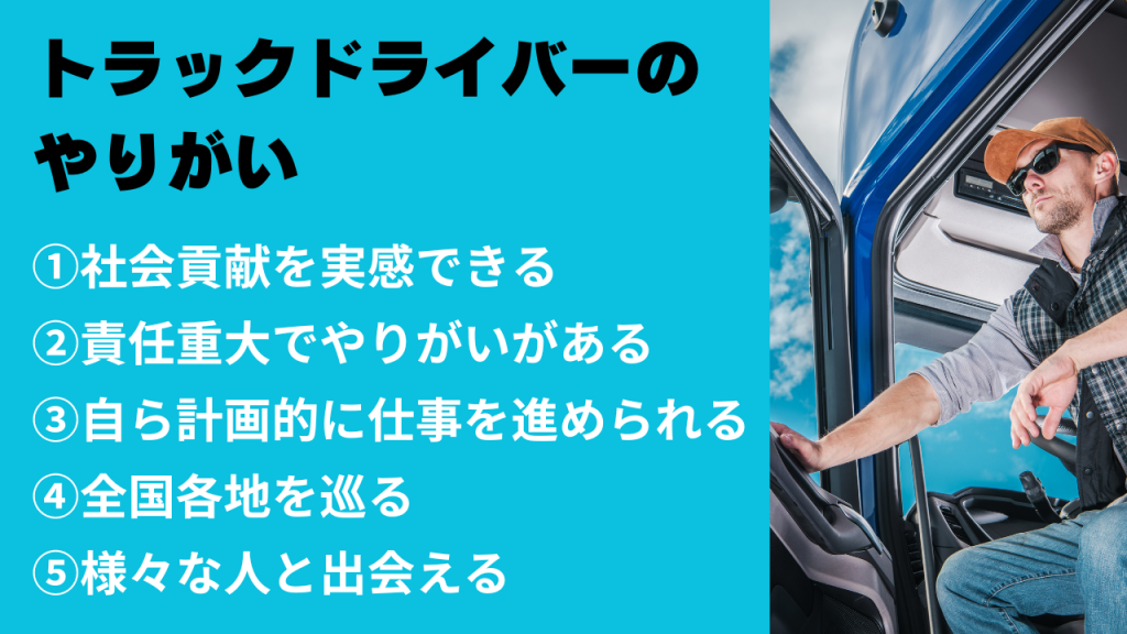 トラックの運転席から男性が降車している写真とともに
トラックドライバーのやりがい
①社会貢献を実感できる
②責任重大でやりがいがある
③自ら計画的に仕事を進められる
④全国各地を巡る
⑤様々な人と出会える
と書かれている画像