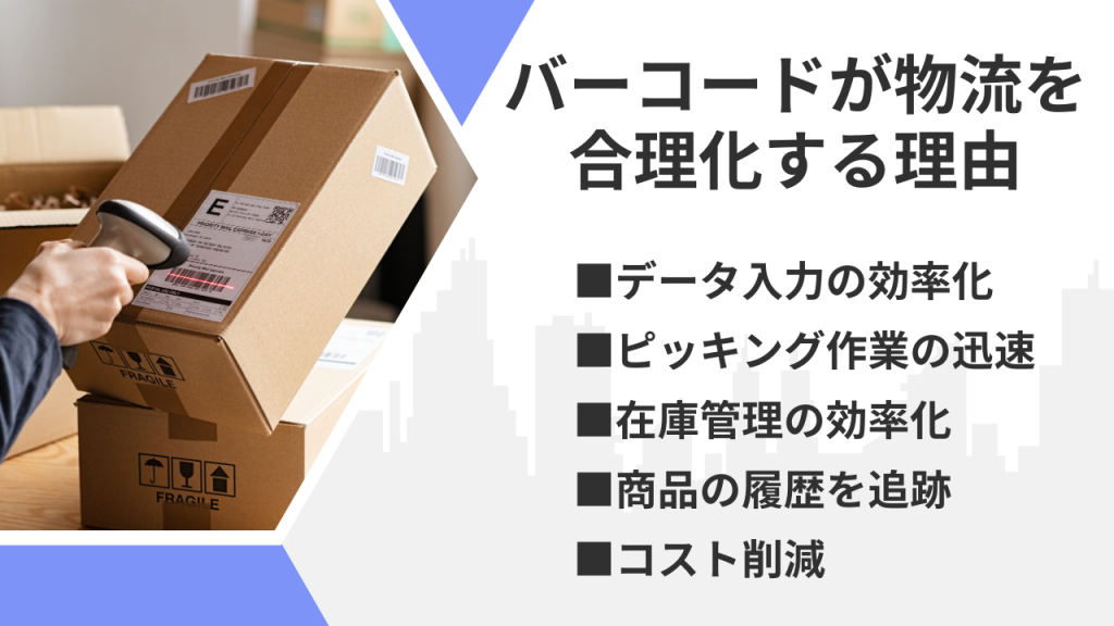 バーコードが物流を合理化する理由（データ入力の効率化、ピッキング作業の迅速、在庫管理の効率化、商品の履歴を追跡、コスト削減）