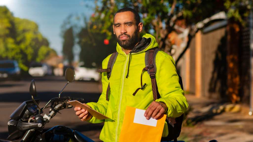 バイクで配送をしている男性の画像